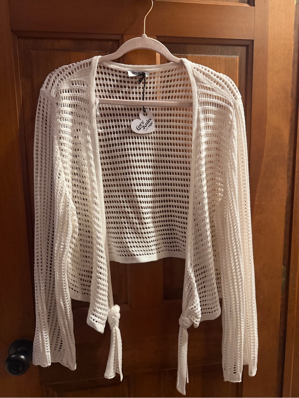Open-Weave Tie-Front Cardigan Sweater - White